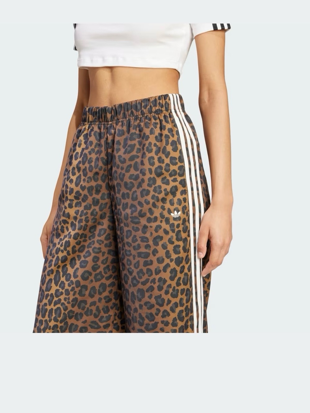 adidas Originals Women's Leopard Print Wide-Leg Satin Pants with White Stripes - Picture 5 of 6
